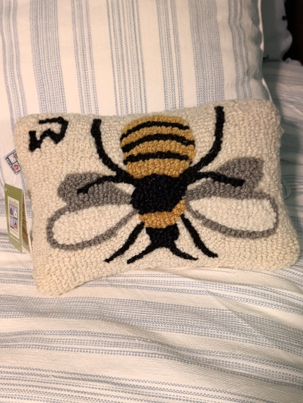 Handcrafted Bee Hooked Pillow - Neutral Cream, Black & Gold
